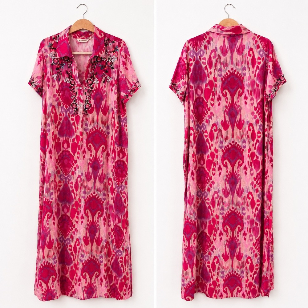 Soft Surroundings Pink Ikat Embroidered‎ Beaded Rayon Maxi Dress XL India